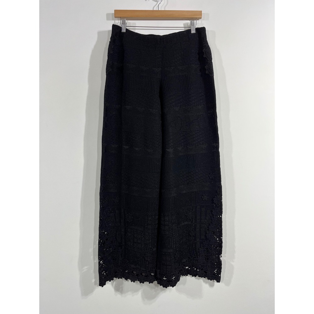 Maje Fairy Grunge Knit Wide Leg Pants Crochet Lace Trim Size XL Parisian Boho